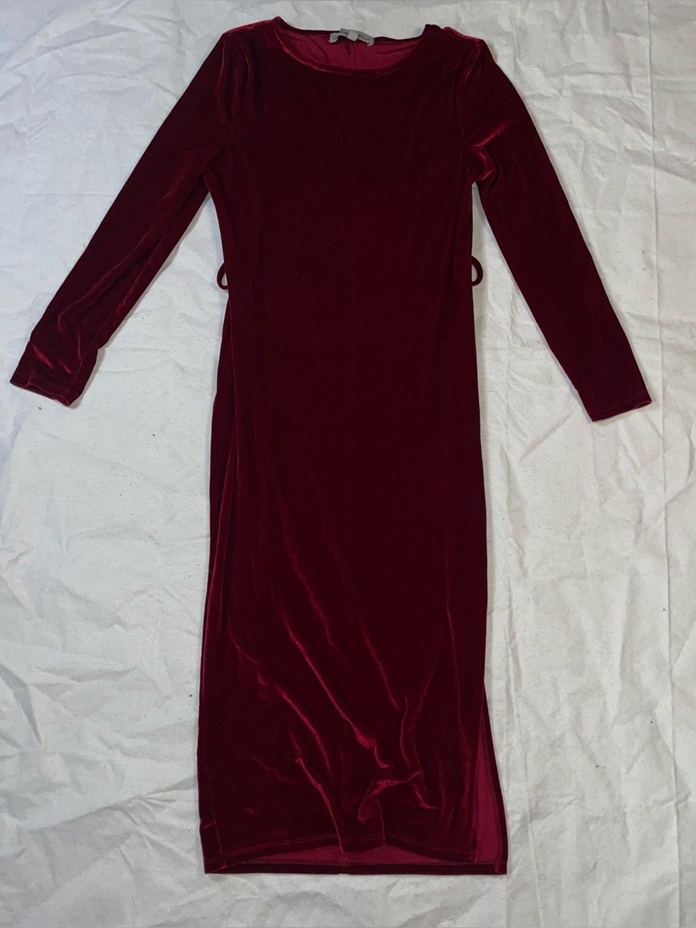 Absolutely Famous Deep Red Crushed Velvet V Neck Mid Bodycon S Dress Belt Loops